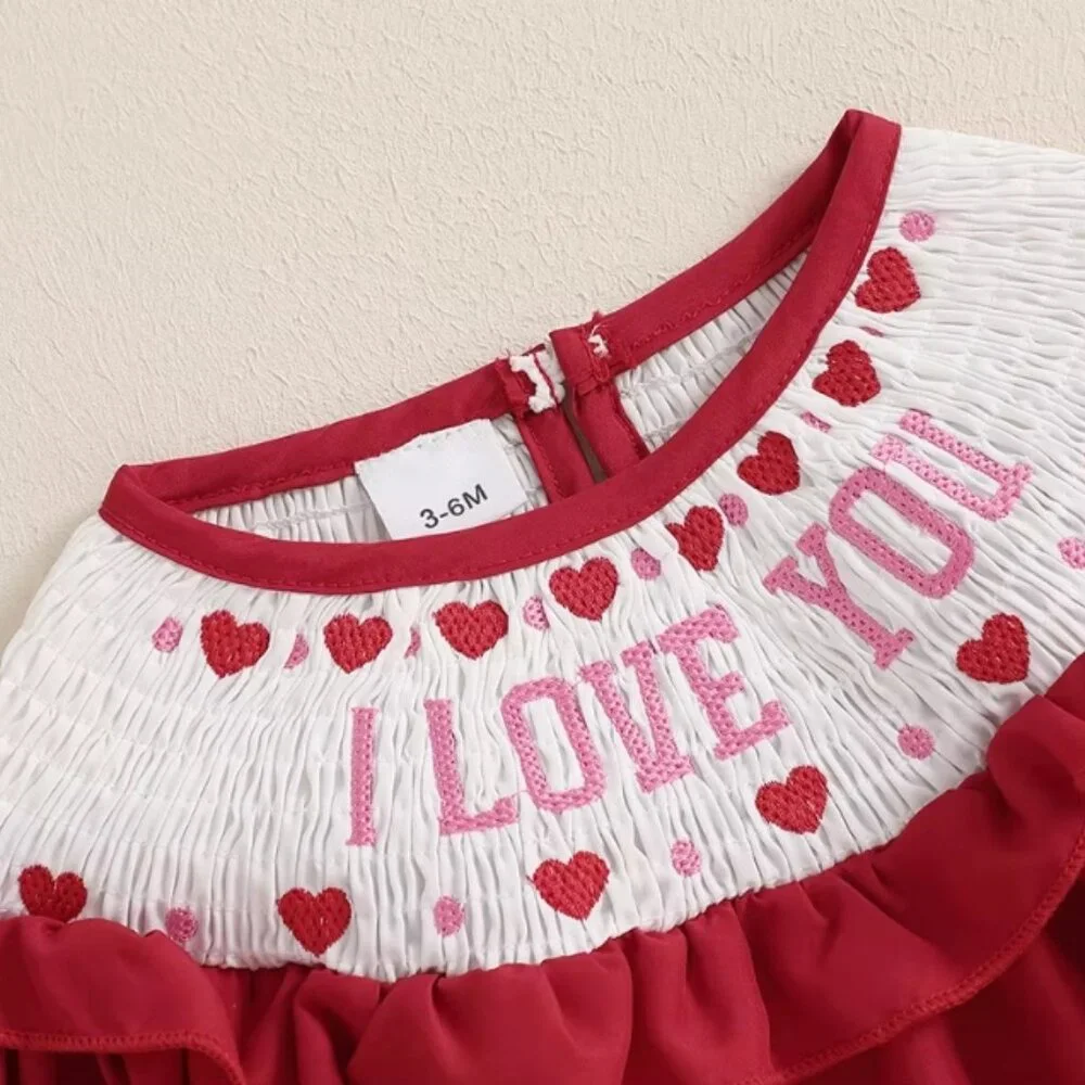 Valentine's Day Embroidered Smocked 'I Love You' Baby Girls Romper Jumpsuit